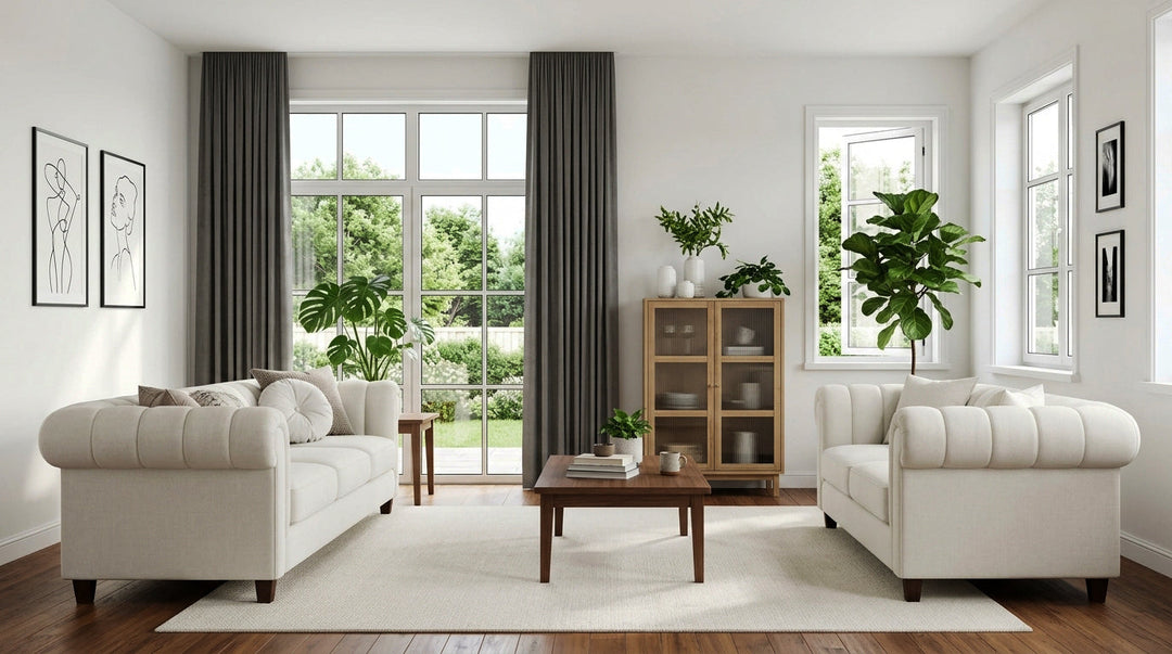 Modern living room featuring dark grey drapes, cream white sofas, and a wooden display cabinet.