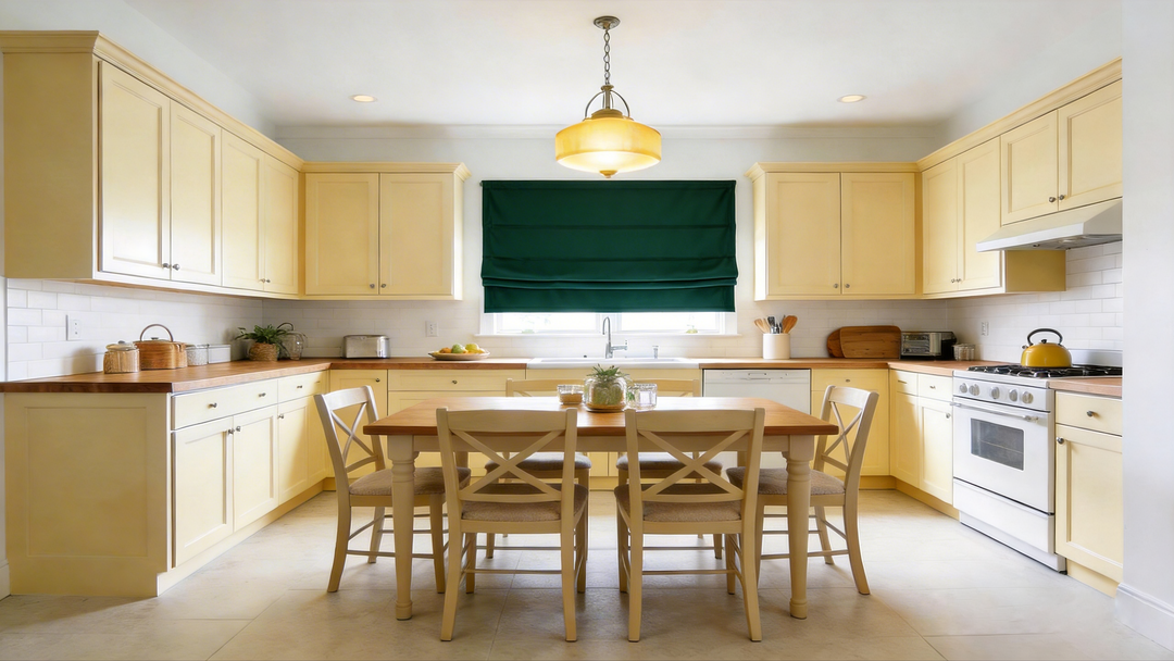 Sunny kitchen interior featuring warm yellow cabinetry, a wooden dining table, and a vibrant green Roman shade over the kitchen window.