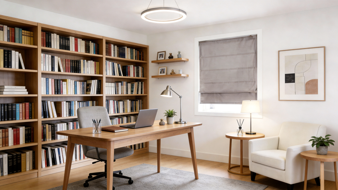 Home office featuring wooden bookshelves, a modern desk, and a grey Roman shade on the window.
