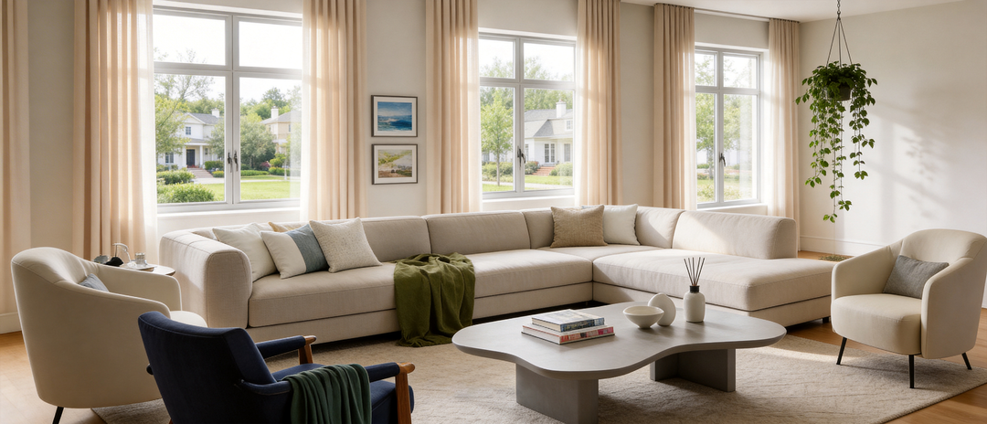 Spacious and bright modern living room featuring large windows, light floor-to-ceiling curtains, a beige L-shaped sectional sofa, and greenery.