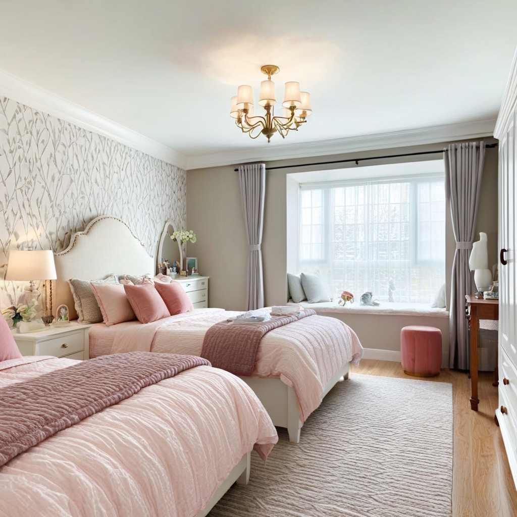 Cozy and sweet twin bedroom featuring pink bedding, a bay window, and light grey curtains.