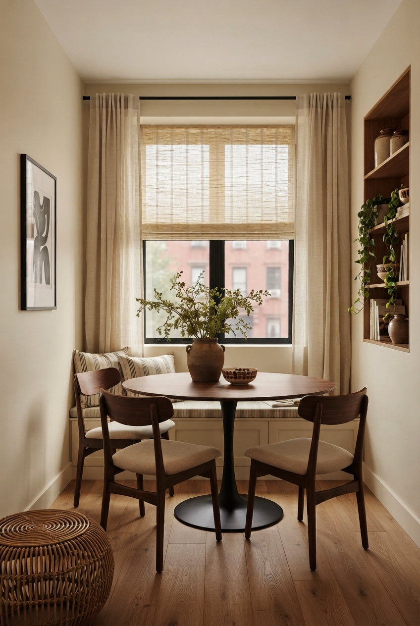Cozy and elegant dining nook featuring a round wooden table, window bench, woven Roman shade, and white sheer curtains.