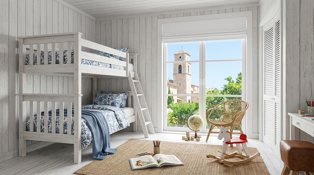 Cozy farmhouse-style children's bedroom with a light wood bunk bed and clean white Roman shades, creating a bright and inviting play and study area.