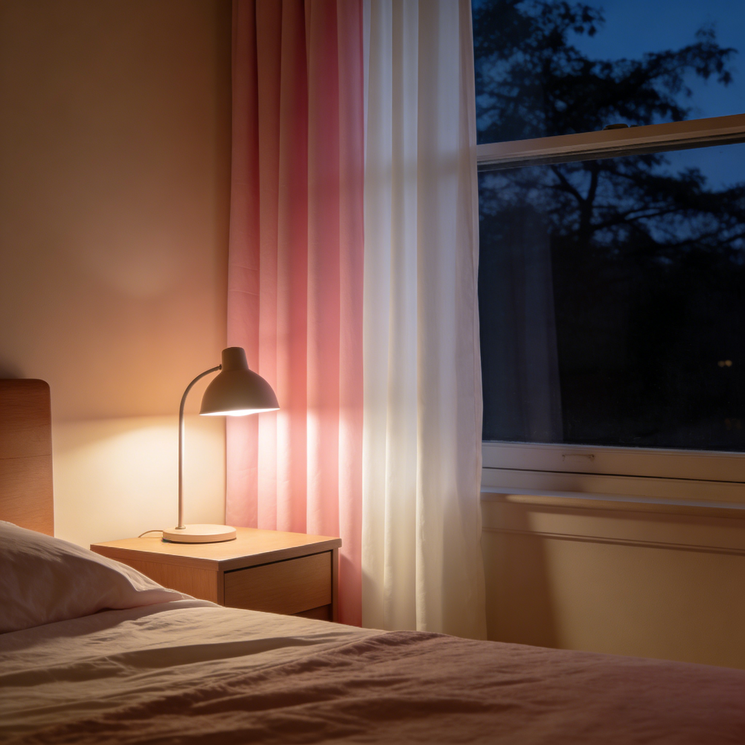 Cozy nighttime bedroom featuring a bedside lamp, pink and white curtains, and a night view through the window.