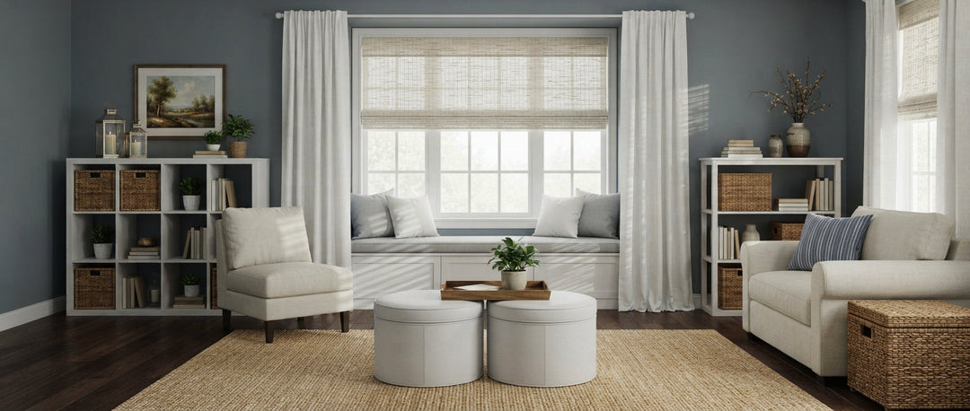 Cozy blue-gray living room featuring a bay window with woven Roman shades, white curtains, storage units, and cream seating.