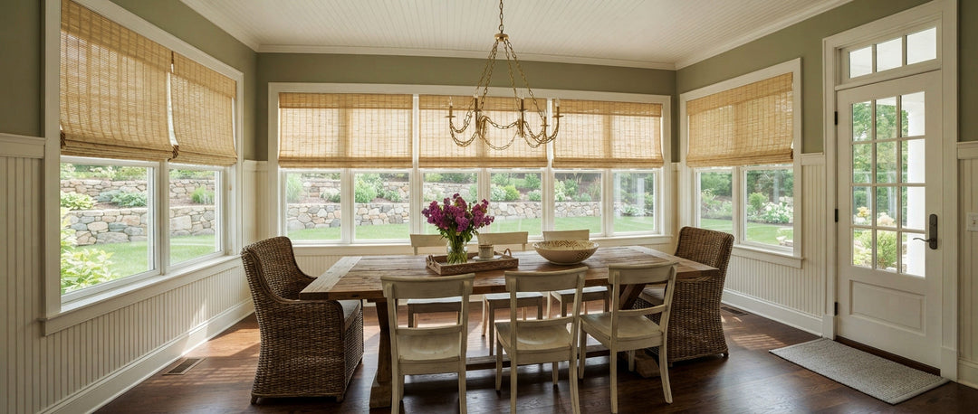 Bright and spacious dining room featuring a wooden dining table set and natural woven Roman shades.