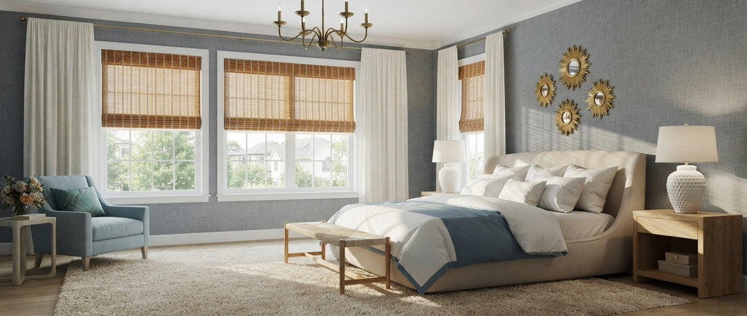 Elegant blue-gray bedroom featuring windows with woven shades and white curtains, paired with a comfortable bed and a blue armchair.