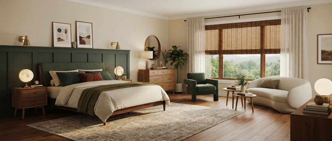 Spacious and elegant modern bedroom featuring a green paneled wall, large windows with woven shades and white sheer curtains, and a lounge seating area.