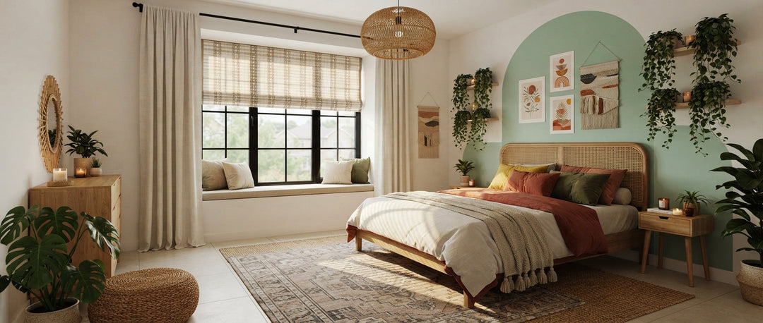 Cozy boho-chic bedroom featuring a green arched accent wall, window bench, and woven Roman shades.
