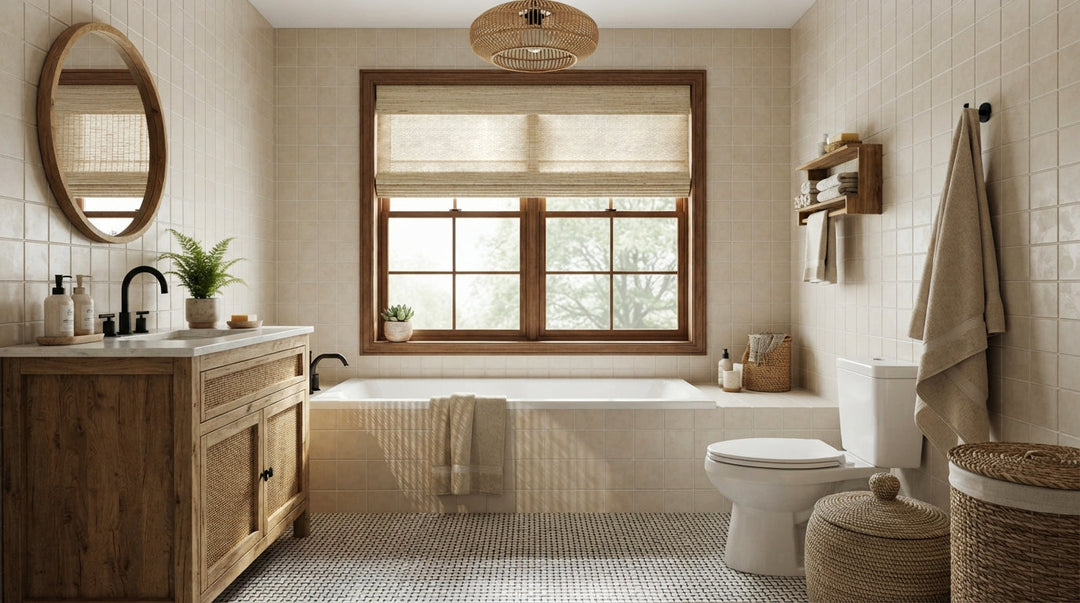 Warm and natural modern bathroom featuring a wooden vanity, round mirror, bathtub, and a woven Roman shade on the window.