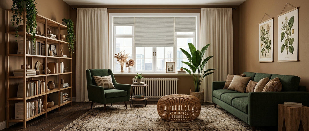 Cozy and elegant living room featuring a dark green sofa, wooden bookshelf, white Roman shades, and floor-length curtains.