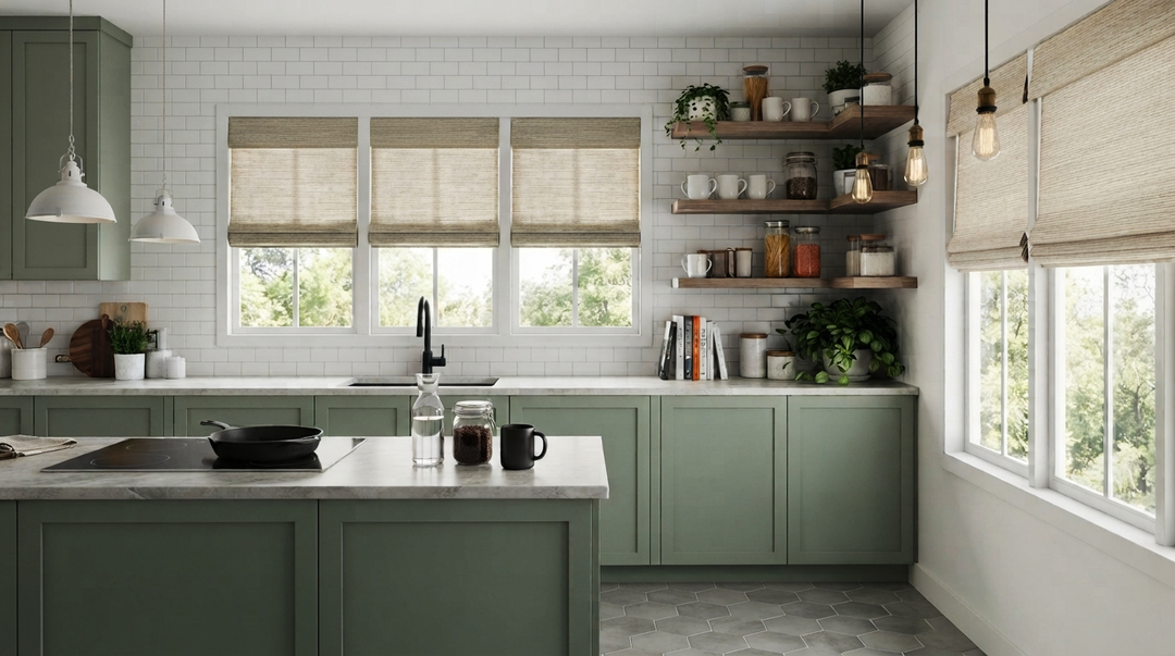 Modern sage green kitchen featuring natural woven Roman shades and a center island.