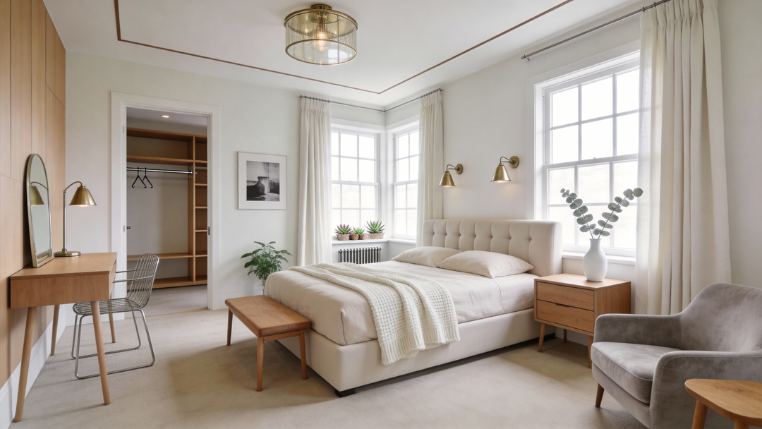 Elegant bedroom and study space featuring a tufted bed, wooden desk, armchair, and cream curtains.
