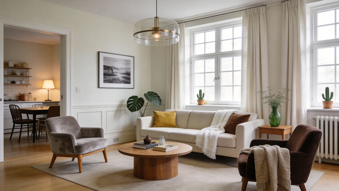 Cozy living room featuring a beige sofa, round wooden coffee table, armchairs, and white curtains framing windows.