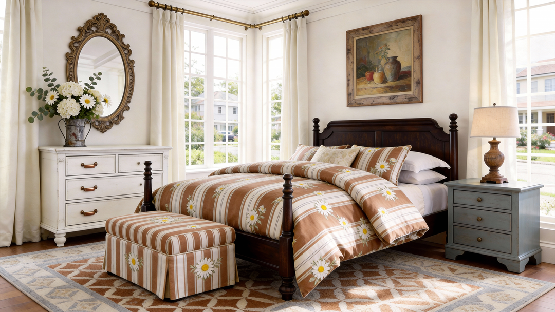 Cozy vintage farmhouse bedroom featuring a dark wood four-poster bed, daisy bedding, and elegant white curtains.
