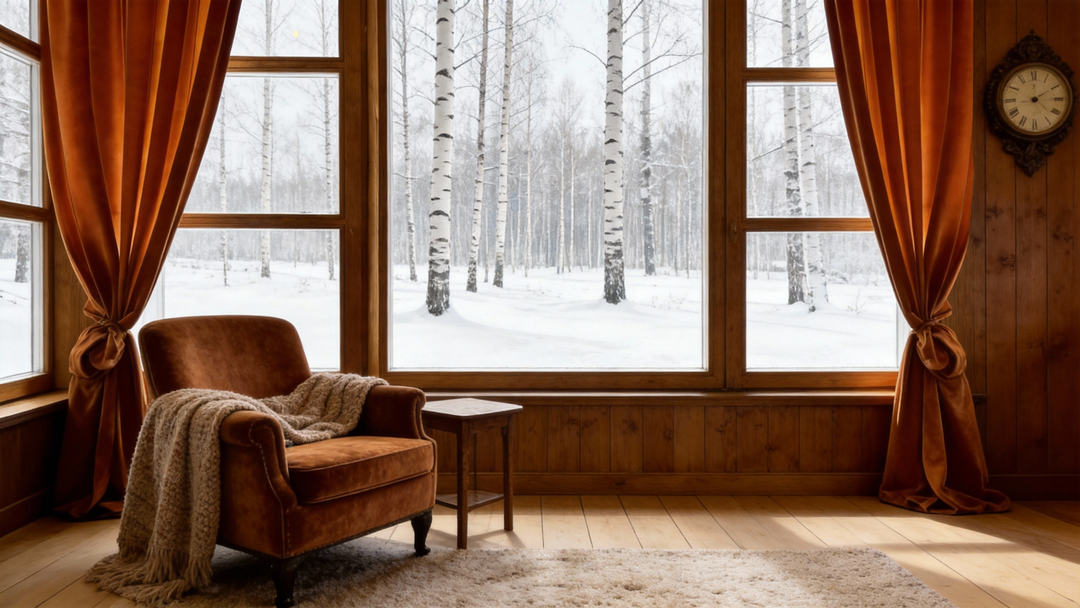 Cozy winter living room featuring a rust orange velvet armchair and matching orange velvet curtains framing a snowy window view.