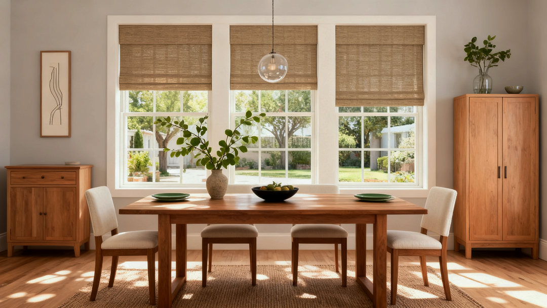 Bright and cozy dining room featuring a wooden dining table, white chairs, and three large windows fitted with woven bamboo roman shades.