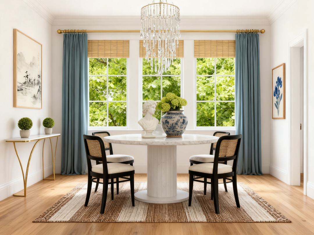 Lustrowin custom blue drapes and natural bamboo shades in an elegant dining room with marble table and rattan chairs.