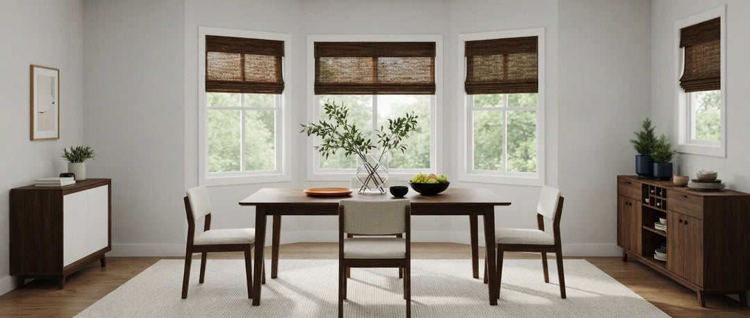 Modern minimalist dining room featuring bay windows with dark woven blinds and a wooden dining table set.
